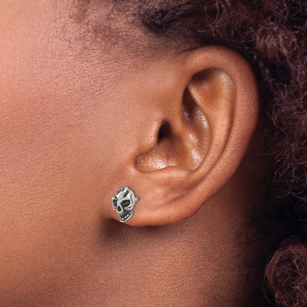 SRE1753 Chisel Stainless Steel Antiqued and Polished Skull Post Earrings