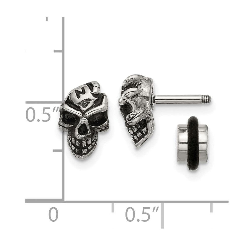 SRE1753 Chisel Stainless Steel Antiqued and Polished Skull Post Earrings