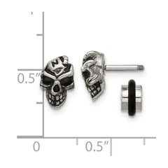 SRE1753 Chisel Stainless Steel Antiqued and Polished Skull Post Earrings