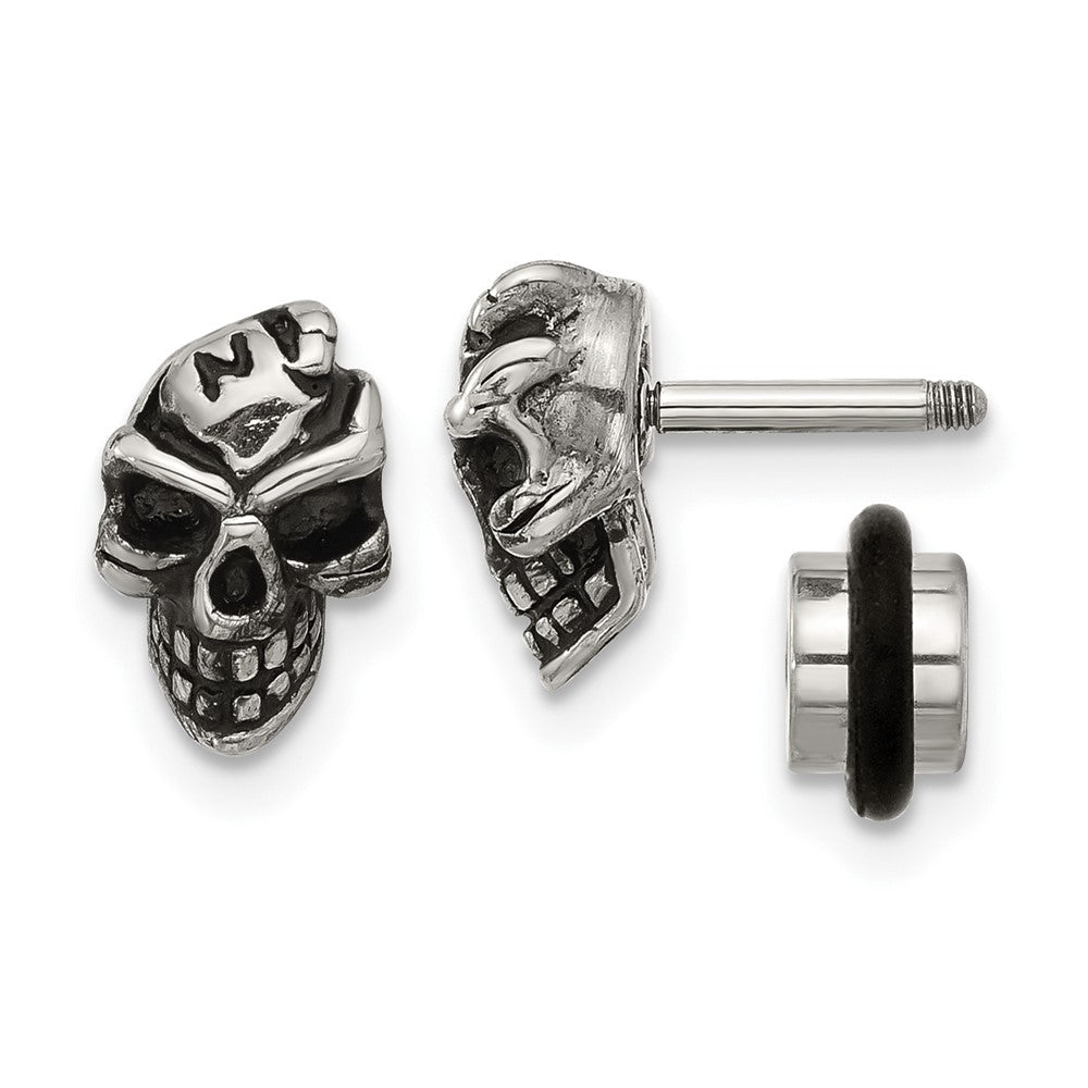 SRE1753 Chisel Stainless Steel Antiqued and Polished Skull Post Earrings