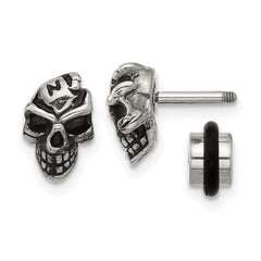SRE1753 Chisel Stainless Steel Antiqued and Polished Skull Post Earrings