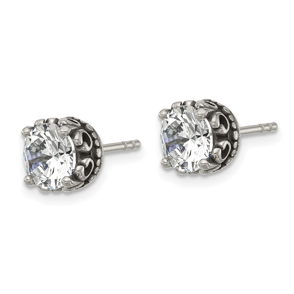 SRE1755 Chisel Stainless Steel Antiqued and Polished CZ Post Earrings