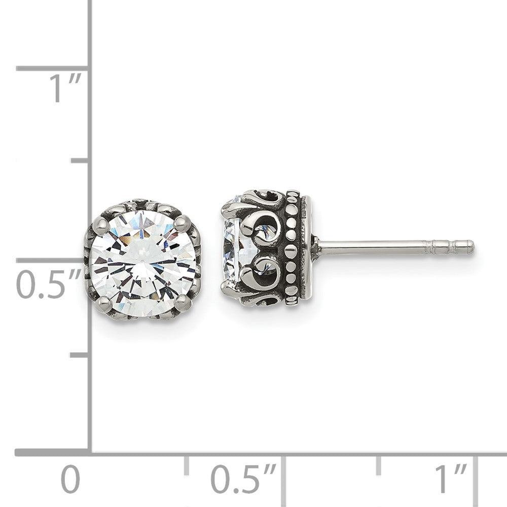 SRE1755 Chisel Stainless Steel Antiqued and Polished CZ Post Earrings