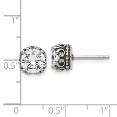 SRE1755 Chisel Stainless Steel Antiqued and Polished CZ Post Earrings