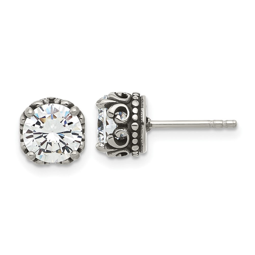 SRE1755 Chisel Stainless Steel Antiqued and Polished CZ Post Earrings