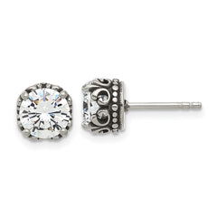 SRE1755 Chisel Stainless Steel Antiqued and Polished CZ Post Earrings