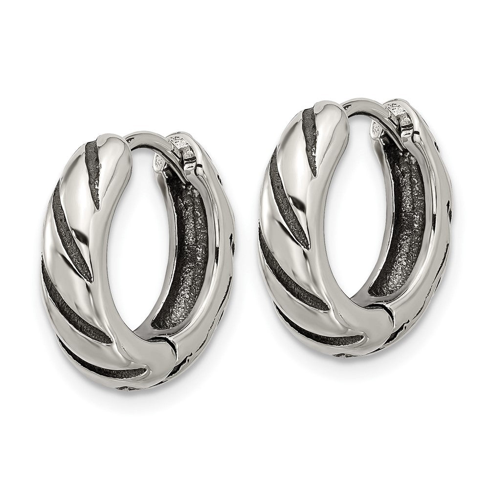 SRE1770 Chisel Stainless Steel Antiqued and Polished Hinged Hoop Earrings