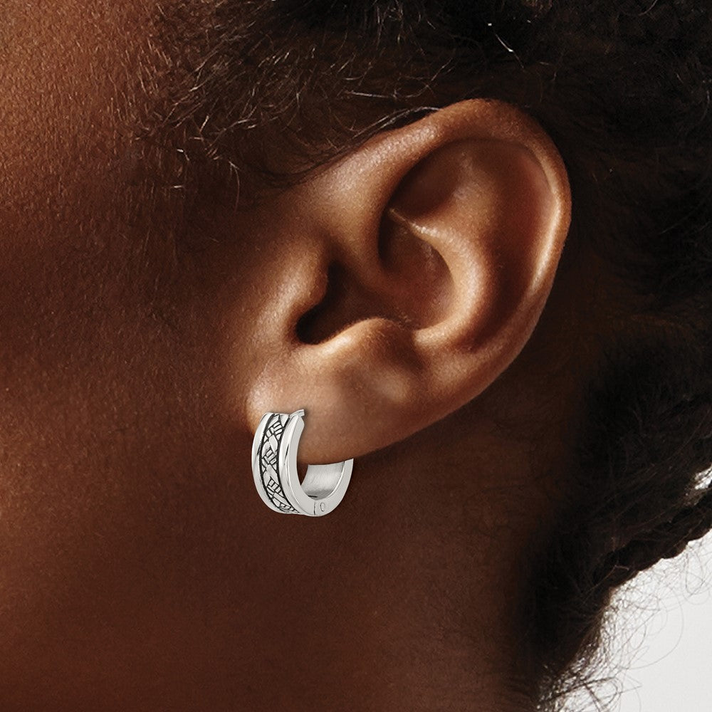 SRE1772 Chisel Stainless Steel Antiqued and Polished 5.5mm Hoop Earrings