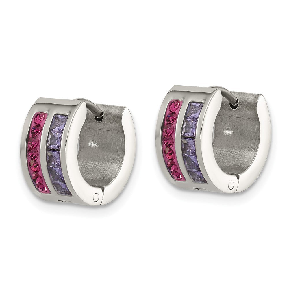 SRE1779 Chisel Stainless Steel Polished Preciosa Amethyst and Tanzanite Hoop Earrings