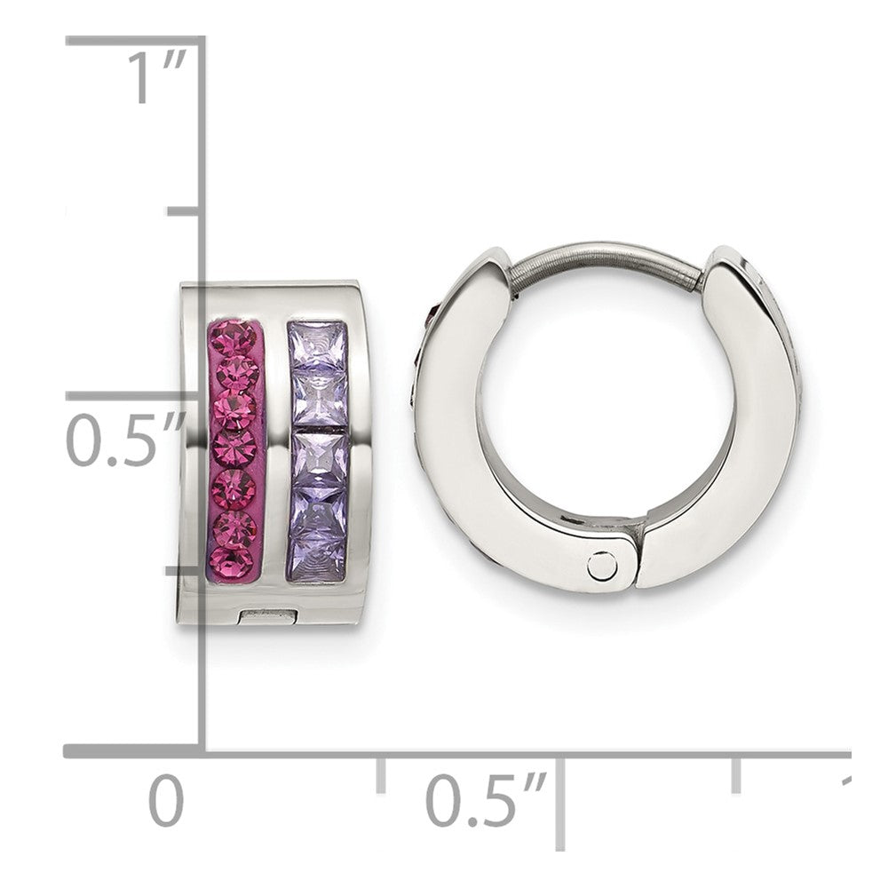 SRE1779 Chisel Stainless Steel Polished Preciosa Amethyst and Tanzanite Hoop Earrings