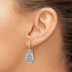 SRE1785 Chisel Stainless Steel Polished and Textured Hamsa Dangle Shepherd Hook Earrings