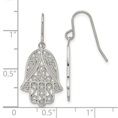 SRE1785 Chisel Stainless Steel Polished and Textured Hamsa Dangle Shepherd Hook Earrings
