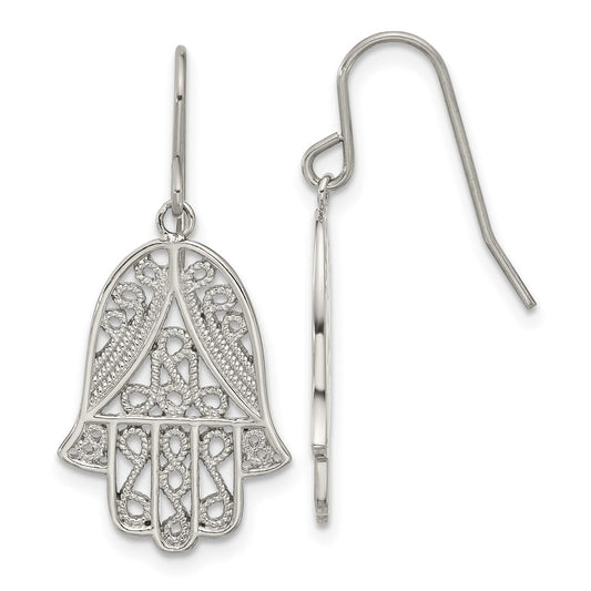 SRE1785 Chisel Stainless Steel Polished and Textured Hamsa Dangle Shepherd Hook Earrings