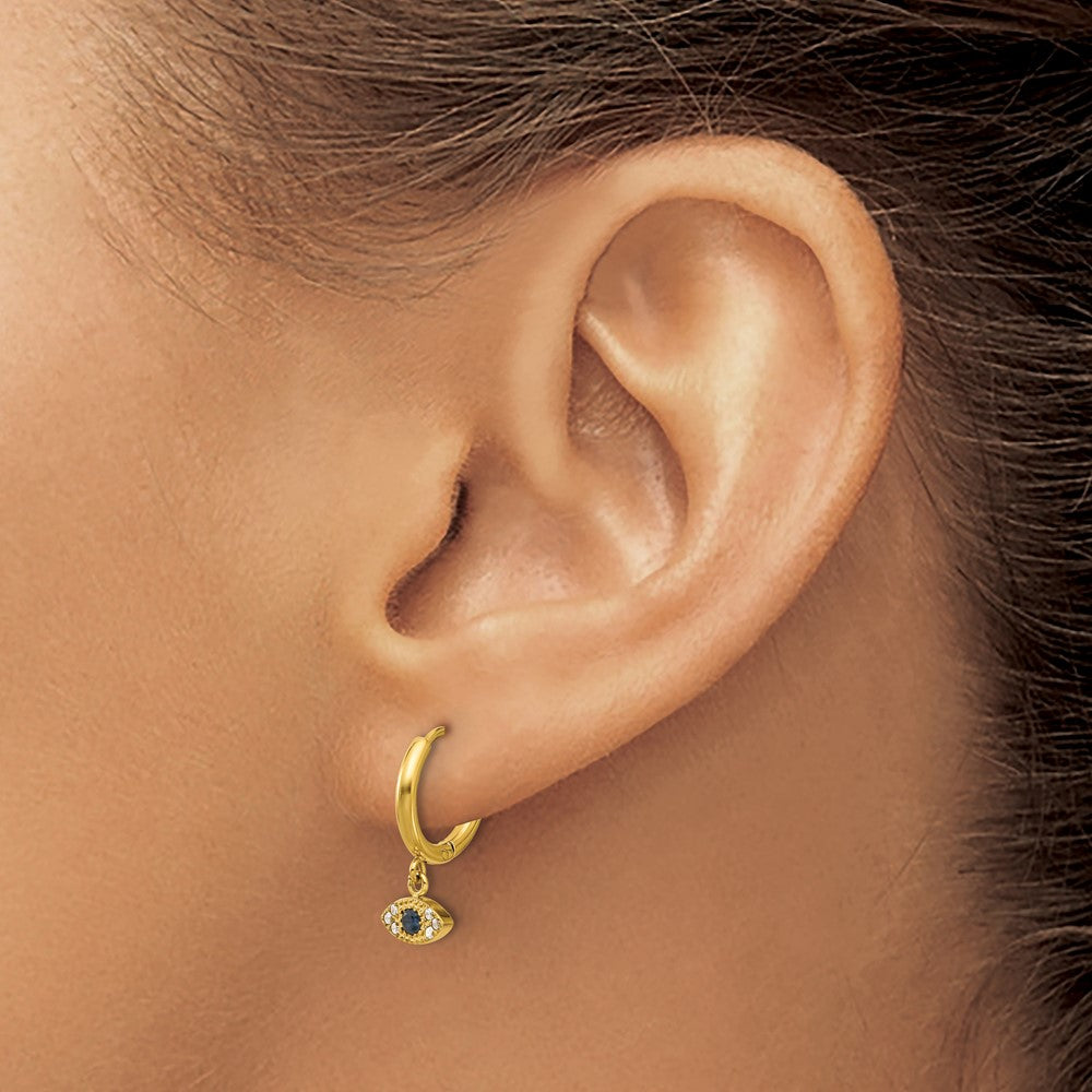 SRE1803 Chisel Stainless Steel Polished Yellow IP-plated Blue and White Zircon Evil Eye Dangle Hinged Hoop Earrings