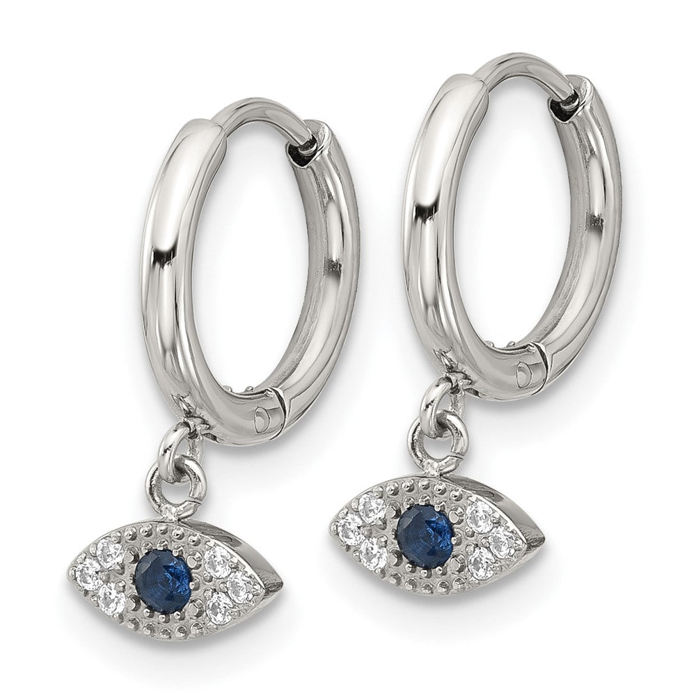 SRE1804 Chisel Stainless Steel Polished Blue and White Zircon Evil Eye Dangle Hinged Hoop Earrings