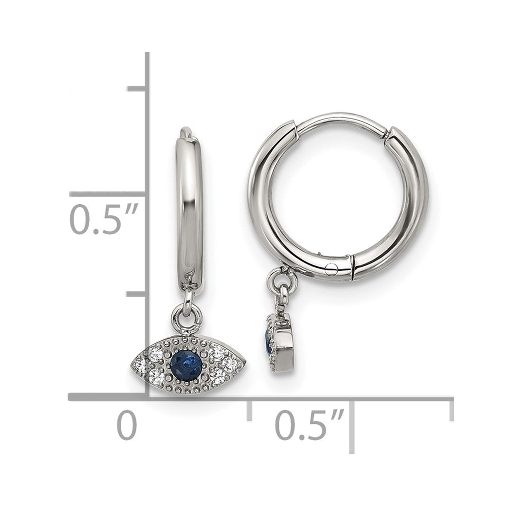SRE1804 Chisel Stainless Steel Polished Blue and White Zircon Evil Eye Dangle Hinged Hoop Earrings