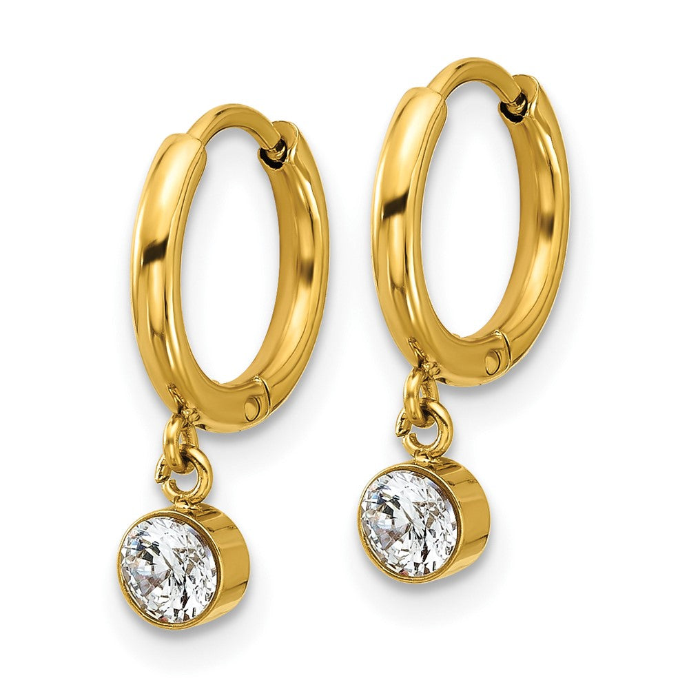 SRE1805 Chisel Stainless Steel Polished Yellow IP-plated White Zircon Dangle Hinged Hoop Earrings