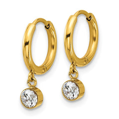 SRE1805 Chisel Stainless Steel Polished Yellow IP-plated White Zircon Dangle Hinged Hoop Earrings