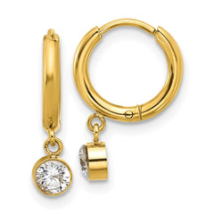 SRE1805 Chisel Stainless Steel Polished Yellow IP-plated White Zircon Dangle Hinged Hoop Earrings