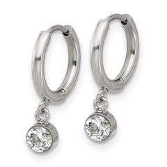 SRE1806 Chisel Stainless Steel Polished White Zircon Dangle Hinged Hoop Earrings