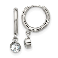 SRE1806 Chisel Stainless Steel Polished White Zircon Dangle Hinged Hoop Earrings