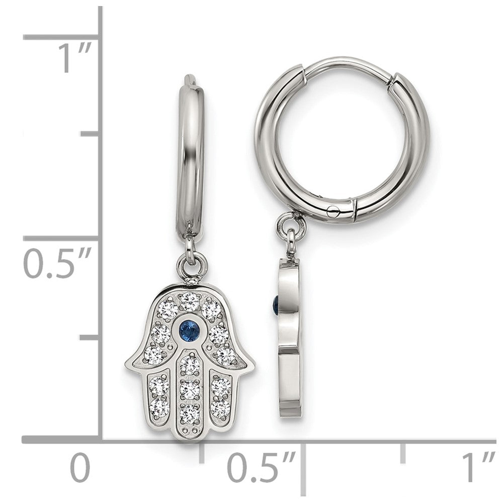 SRE1808 Chisel Stainless Steel Polished Blue and White Zircon Hamsa Dangle Hinged Hoop Earrings