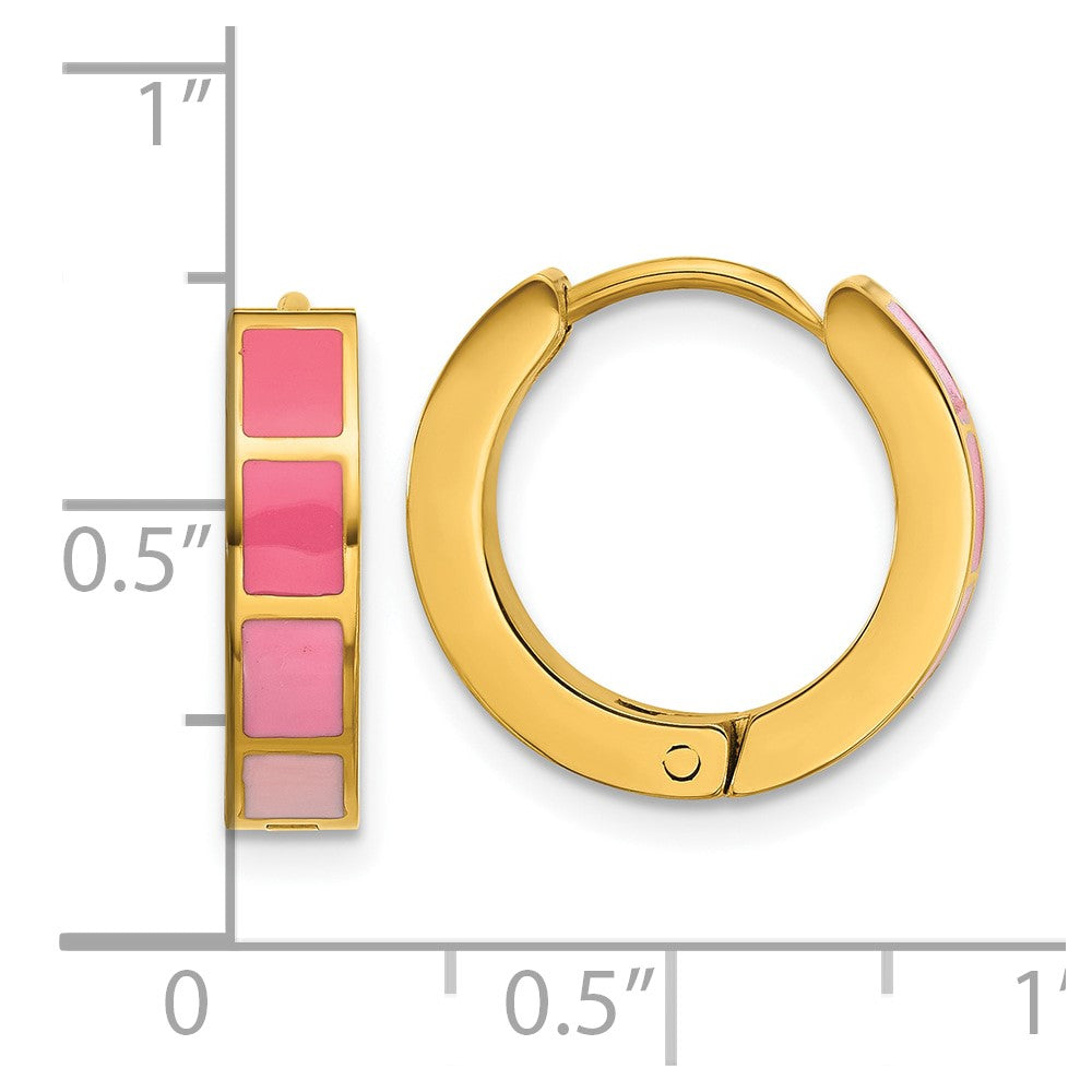 SRE1811 Stainless Steel Polished Yellow IP-plated Pink Enameled Hinged Hoop Earring