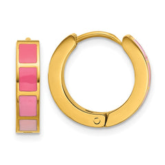 SRE1811 Stainless Steel Polished Yellow IP-plated Pink Enameled Hinged Hoop Earring