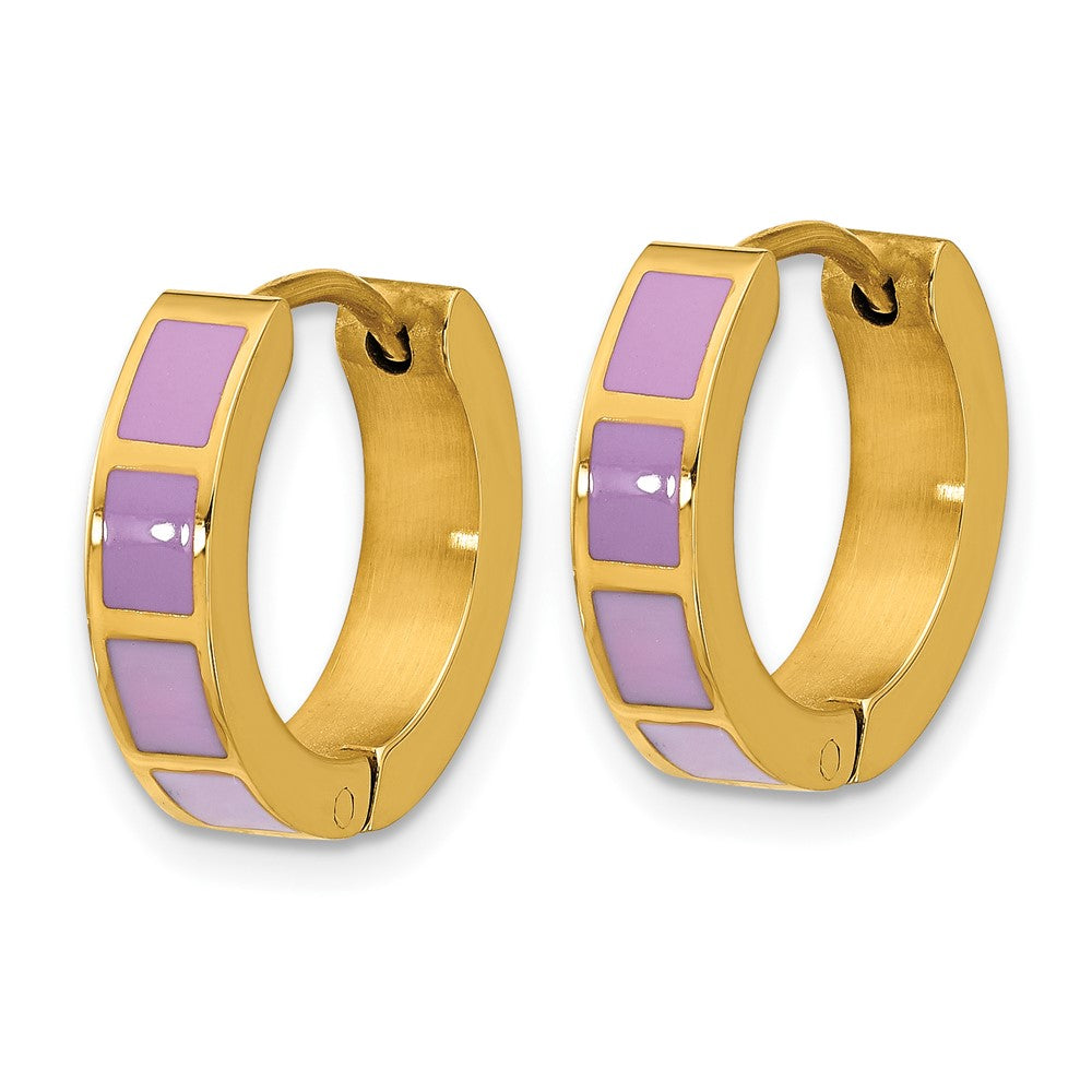SRE1812 Stainless Steel Polished Yellow IP-plated Purple Enameled Hinged Hoop Earri