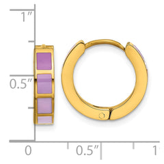 SRE1812 Stainless Steel Polished Yellow IP-plated Purple Enameled Hinged Hoop Earri