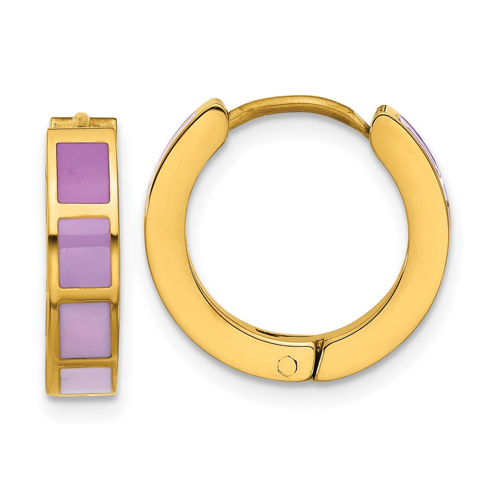 SRE1812 Stainless Steel Polished Yellow IP-plated Purple Enameled Hinged Hoop Earri