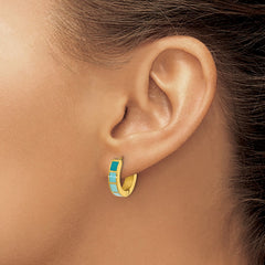 SRE1813 Stainless Steel Polished Yellow IP-plated Blue Enameled Hinged Hoop Earring