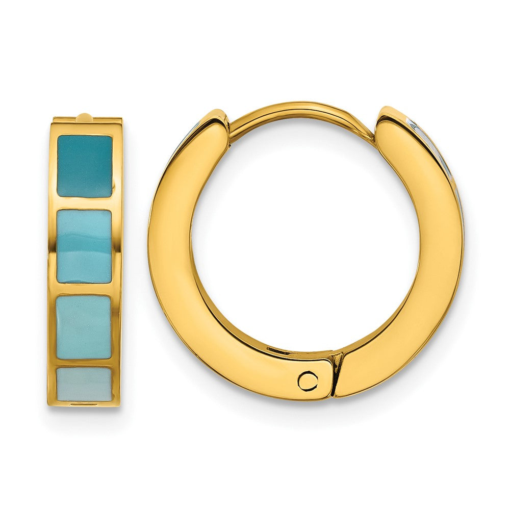 SRE1813 Stainless Steel Polished Yellow IP-plated Blue Enameled Hinged Hoop Earring