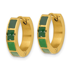 SRE1814 Stainless Steel Polished Yellow IP-plated Green Enameled Hinged Hoop Earrings