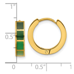 SRE1814 Stainless Steel Polished Yellow IP-plated Green Enameled Hinged Hoop Earrings