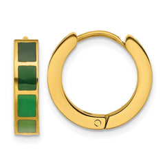SRE1814 Stainless Steel Polished Yellow IP-plated Green Enameled Hinged Hoop Earrings