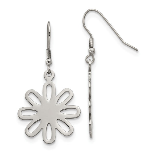 SRE268 Chisel Stainless Steel Polished Large Flower Dangle Shepherd Hook Earrings
