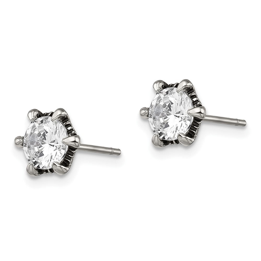 SRE303 Chisel Stainless Steel Antiqued and Polished CZ Post Earrings