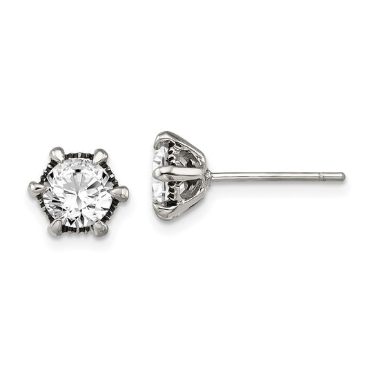 SRE303 Chisel Stainless Steel Antiqued and Polished CZ Post Earrings