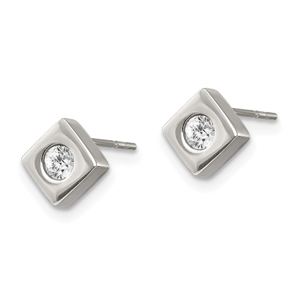SRE307 Chisel Stainless Steel Brushed with CZ Diamond-shaped Post Earrings