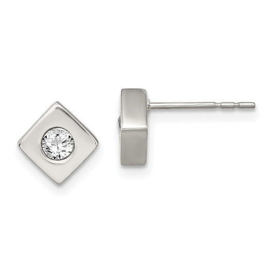 SRE307 Chisel Stainless Steel Brushed with CZ Diamond-shaped Post Earrings