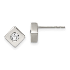 SRE307 Chisel Stainless Steel Brushed with CZ Diamond-shaped Post Earrings