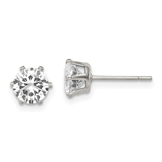SRE313 Chisel Stainless Steel Polished 6mm Round CZ Stud Post Earrings