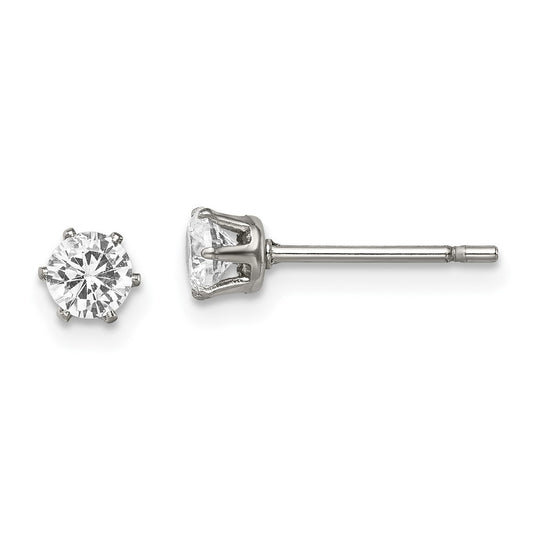SRE315 Chisel Stainless Steel Polished 4mm Round CZ Stud Post Earrings