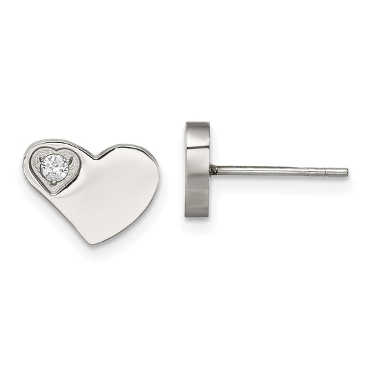 SRE316 Chisel Stainless Steel Polished with CZ Heart Post Earrings