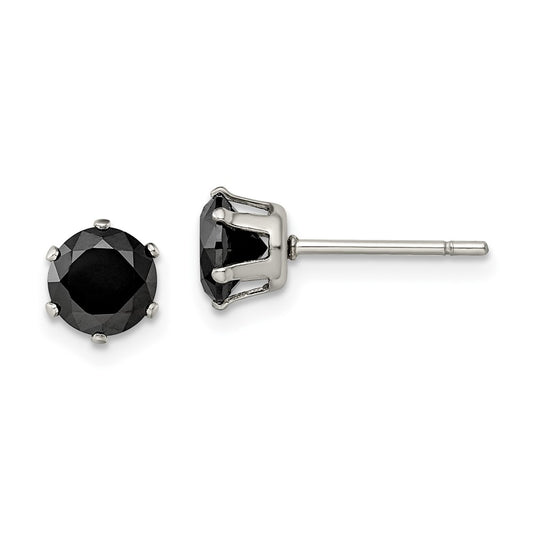 SRE323 Chisel Stainless Steel Polished 6mm Black Round CZ Stud Post Earrings