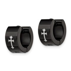 SRE337 Chisel Stainless Steel Black IP-plated 7mm Hinged Hoop with Cross Earrings