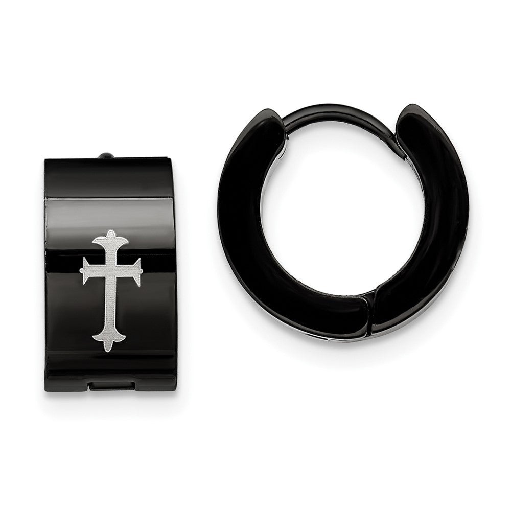 SRE337 Chisel Stainless Steel Black IP-plated 7mm Hinged Hoop with Cross Earrings