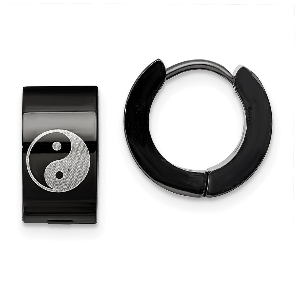 SRE340 Chisel Stainless Steel Polished Black IP-plated 7mm Hinged Hoop w/Yin Yang Earrings