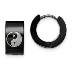 SRE340 Chisel Stainless Steel Polished Black IP-plated 7mm Hinged Hoop w/Yin Yang Earrings